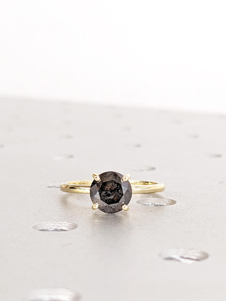Salt and Pepper Diamond Engagement Ring: 14K Yellow Gold Solitaire, Round Dark / Icy Gemstone