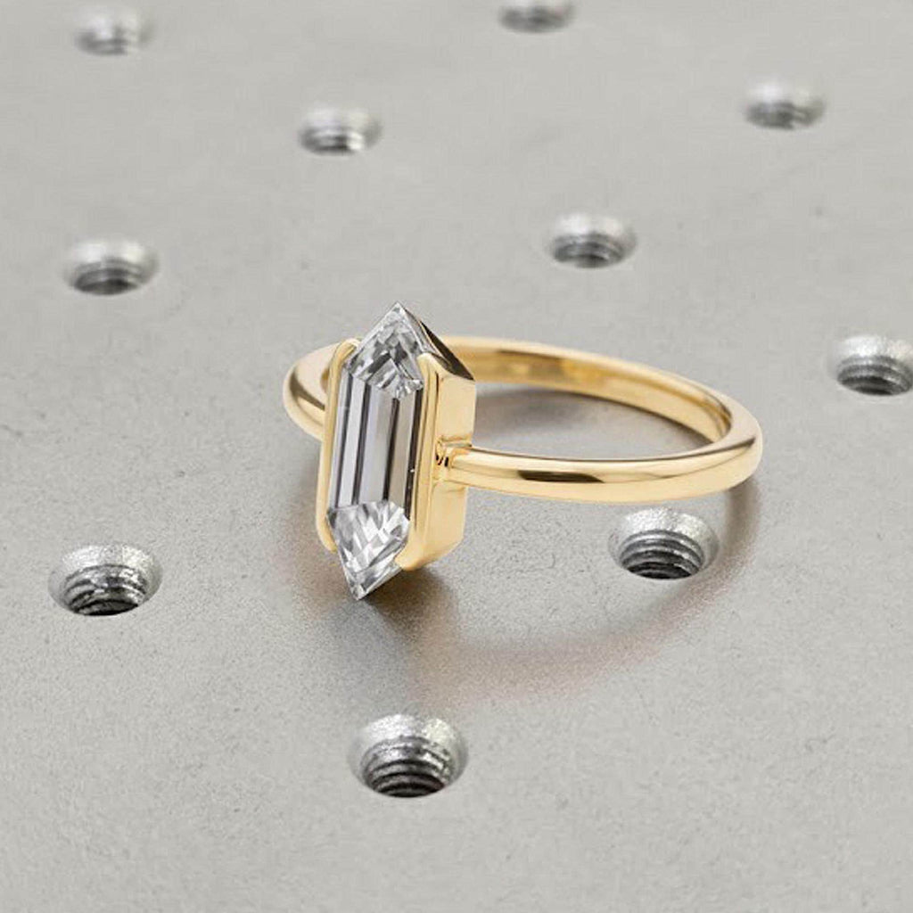 14K or 18K Rose/White/Yellow/Black Gold Solitaire Wedding Anniversary Ring: Bezel set Hexagon cut CVD Diamond