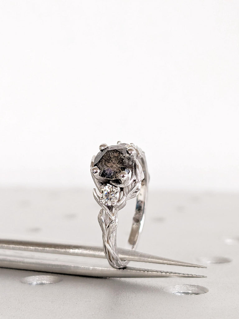 14K White Gold Salt and Pepper Ring, Round Cut Unique Engagement Ring, Nature Inspired Vintage Leaf Ring, Twig Ring, Custom Wedding Jewelry