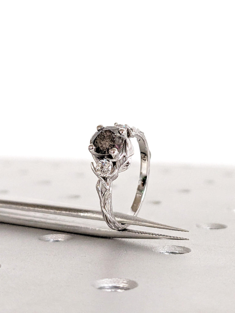 Salt and Pepper Diamond Ring in 14K White Gold, Round Cut Leaf Engagement Ring