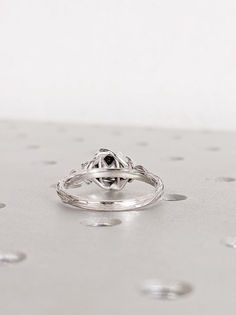 Salt and Pepper Diamond Ring in 14K White Gold, Round Cut Leaf Engagement Ring