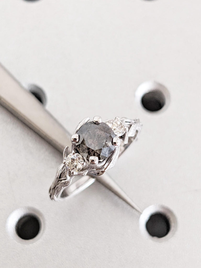 14K White Gold Salt and Pepper Ring, Round Cut Unique Engagement Ring, Nature Inspired Vintage Leaf Ring, Twig Ring, Custom Wedding Jewelry