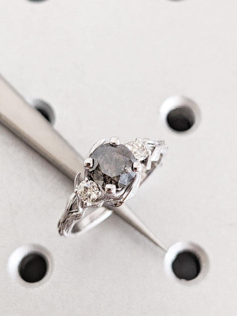 Salt and Pepper Diamond Ring in 14K White Gold, Round Cut Leaf Engagement Ring