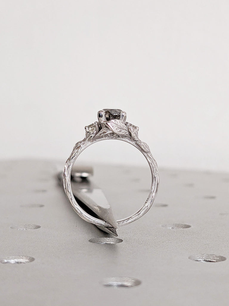 Salt and Pepper Diamond Ring in 14K White Gold, Round Cut Leaf Engagement Ring