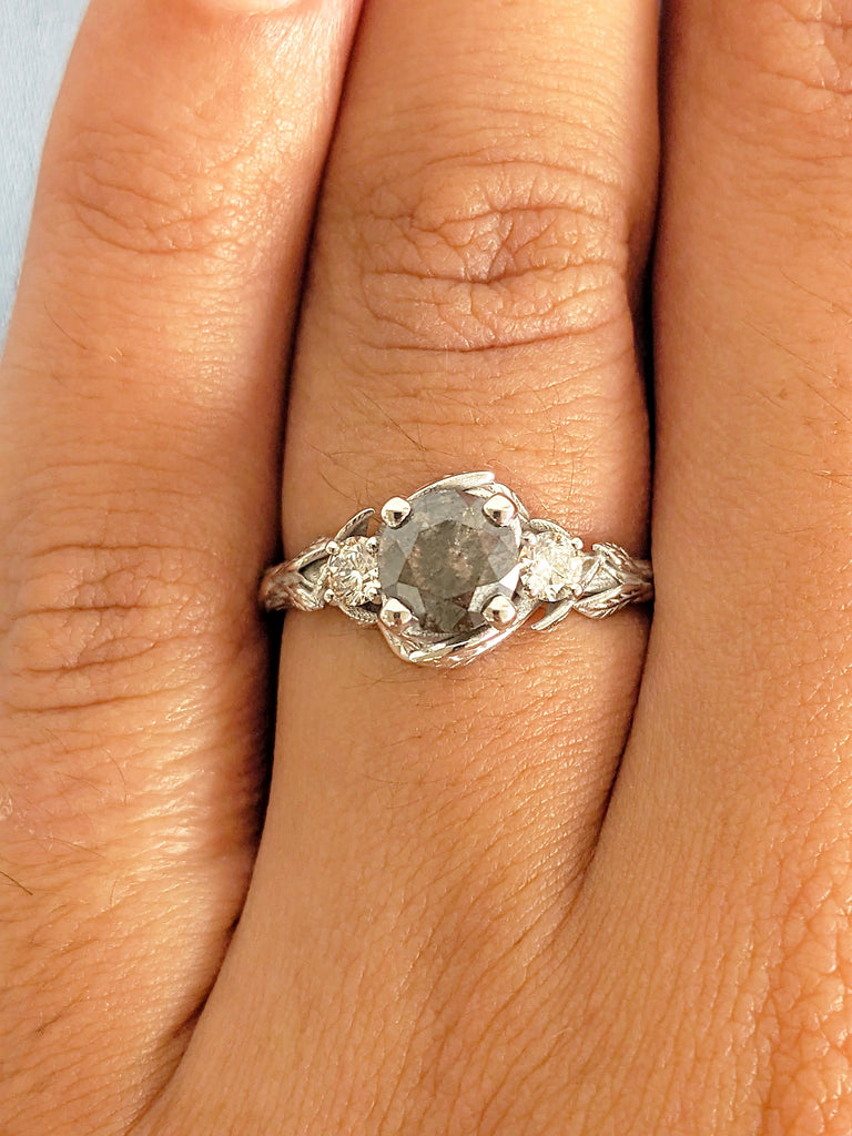14K White Gold Salt and Pepper Ring, Round Cut Unique Engagement Ring, Nature Inspired Vintage Leaf Ring, Twig Ring, Custom Wedding Jewelry