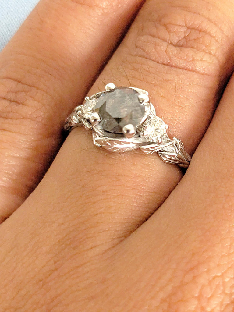 Salt and Pepper Diamond Ring in 14K White Gold, Round Cut Leaf Engagement Ring