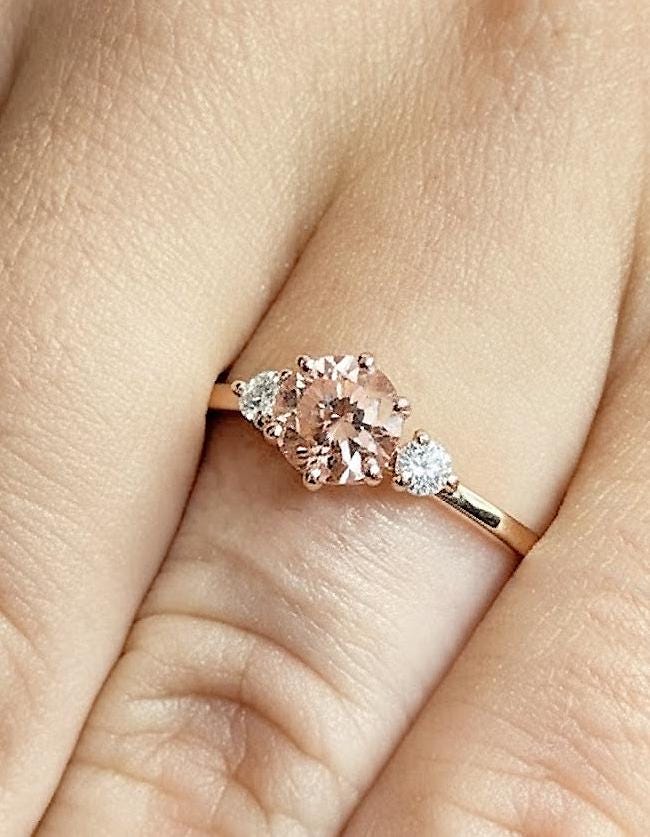 Lab Morganite Engagement Ring, 14K Rose Gold Three Stone Lab Morganite Wedding Ring, Round Cut Peach Birthstone, Women's Anniversary Ring