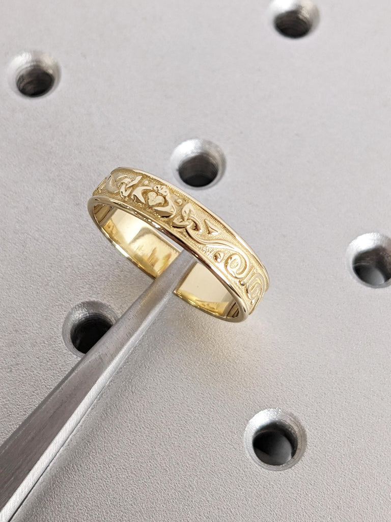 Gold Celtic Claddagh Wedding Band, 14K Yellow Gold Trinity Knot Ring, Smooth Rounded Men's Engagement