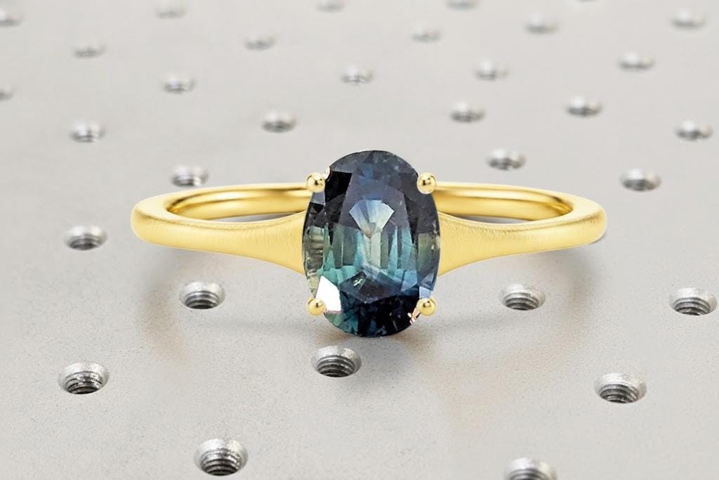Montana Sapphire Ring | Teal Sapphire Solitaire Ring | Peacock Sapphire Oval Engagement Ring | Solid Gold Gemstone Ring | Tapered Shank Ring image #2