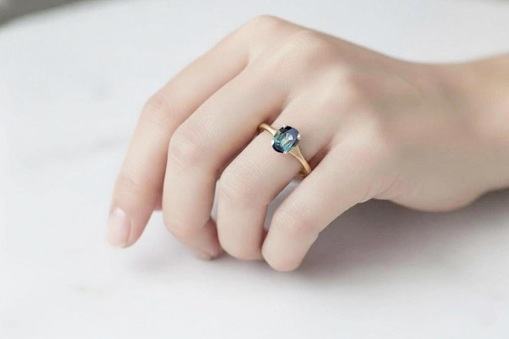 Montana Sapphire Ring | Teal Sapphire Solitaire Ring | Peacock Sapphire Oval Engagement Ring | Solid Gold Gemstone Ring | Tapered Shank Ring image #5