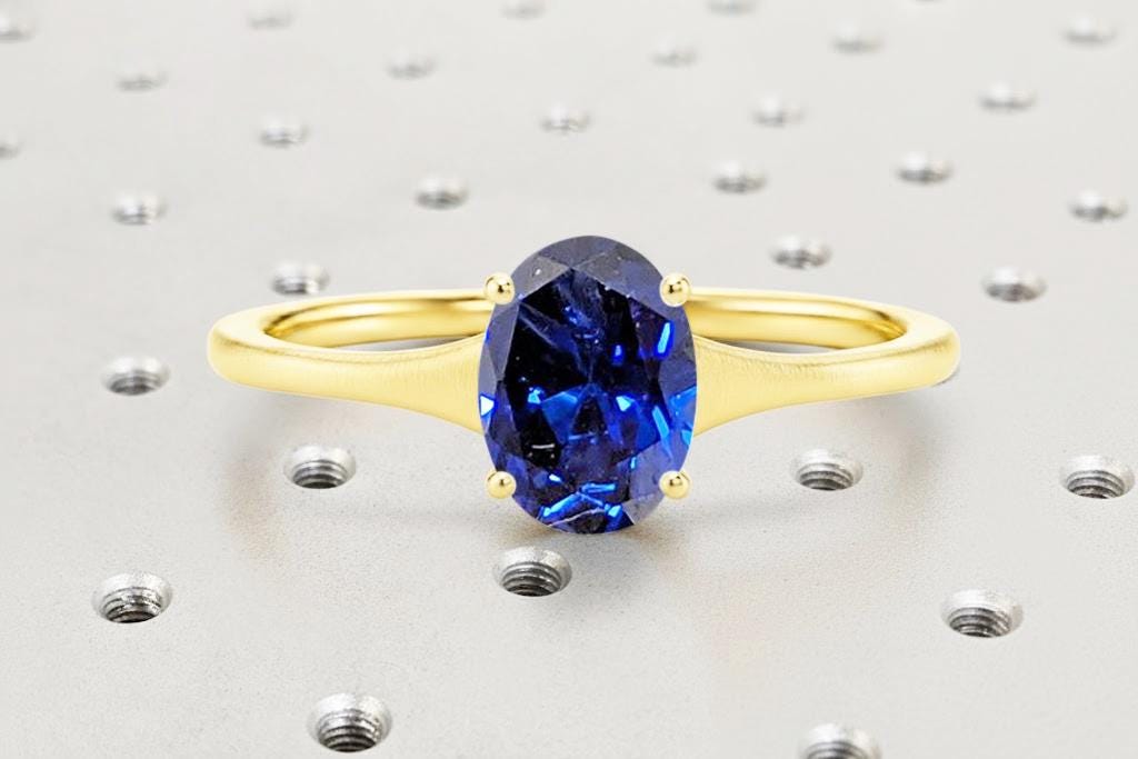 Oval Blue Sapphire Ring | Lab Sapphire Oval Engagement Ring | 14K Yellow Gold Blue Gemstone Ring | September Birthstone | Tapered Shank Ring image #2