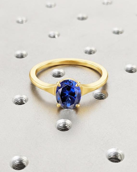 Oval Blue Sapphire Ring | Lab Sapphire Oval Engagement Ring | 14K Yellow Gold Blue Gemstone Ring | September Birthstone | Tapered Shank Ring