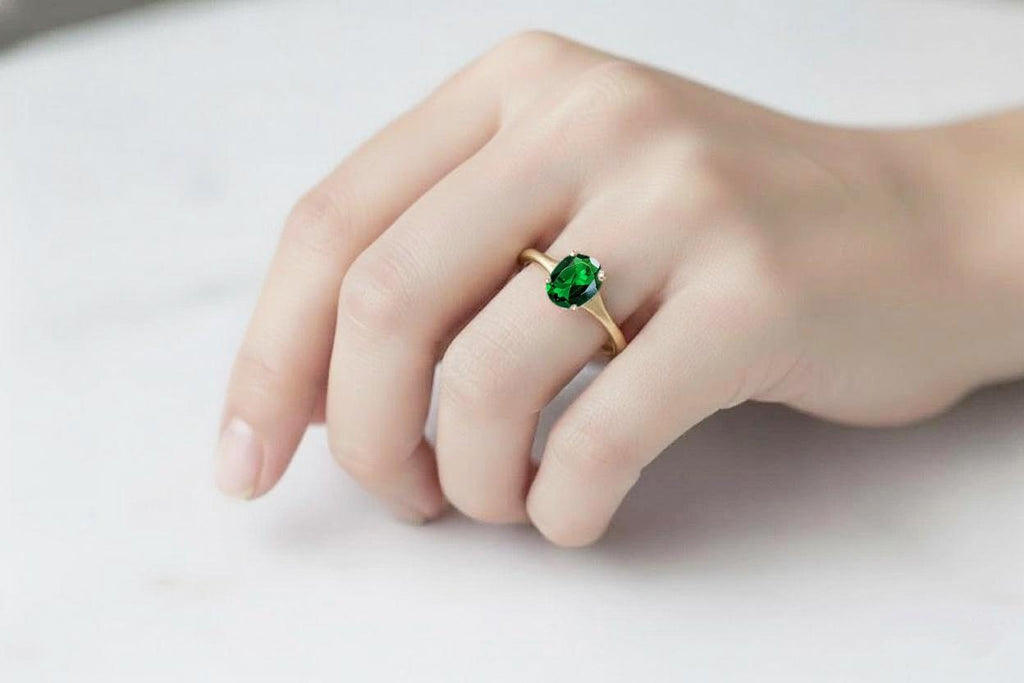 Oval Emerald Ring | Solitaire Lab Emerald Engagement Ring | Solid Gold Green Gemstone Ring | May Birthstone Promise Ring Gift | Tapered Ring image #5
