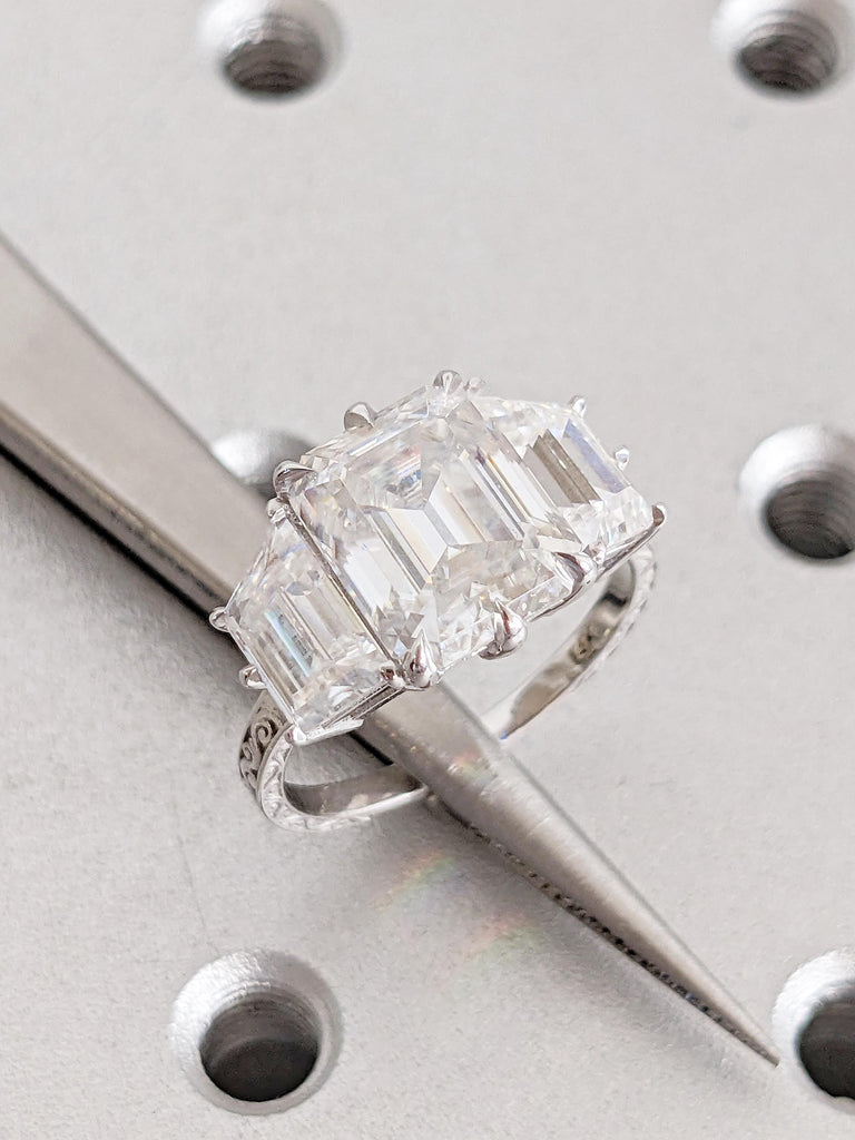 Emerald Cut Moissanite Ring, 14k White Gold Statement Rings for Women, Trapezoid Cut Diamond, Three Stone Engagement Ring, Bridal Jewelry