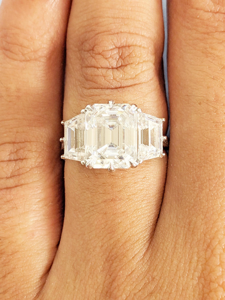 Emerald Cut Moissanite Ring, 14k White Gold Statement Rings for Women, Trapezoid Cut Diamond, Three Stone Engagement Ring, Bridal Jewelry