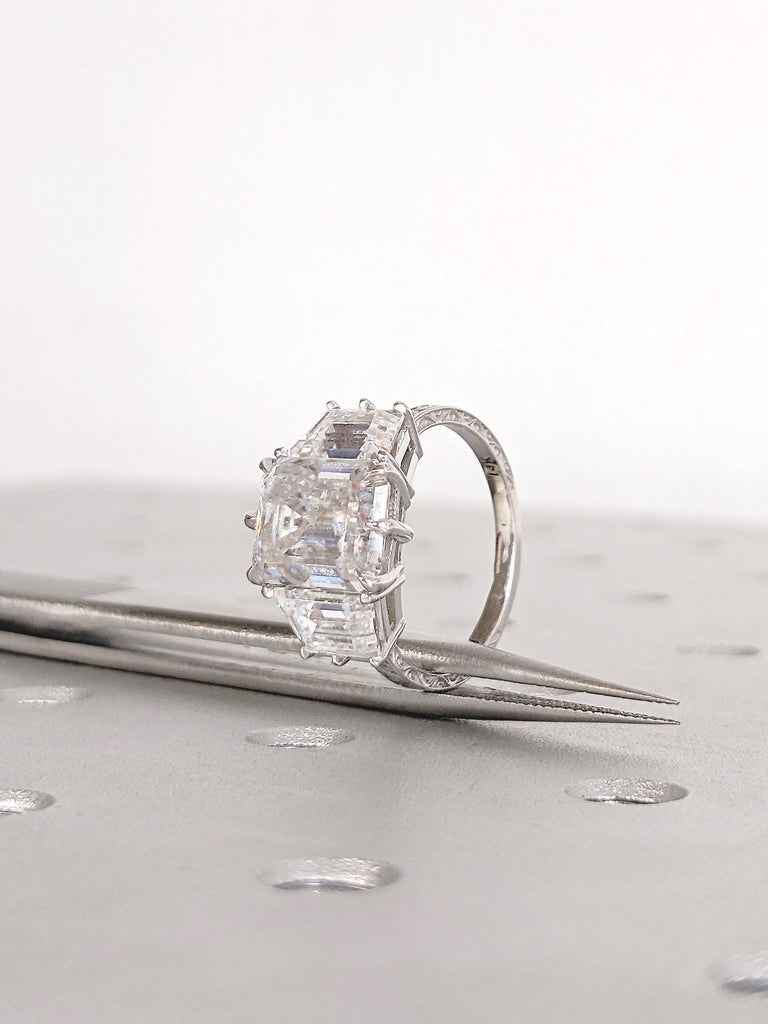 Emerald Cut Moissanite Ring, 14k White Gold Statement Rings for Women, Trapezoid Cut Diamond, Three Stone Engagement Ring, Bridal Jewelry