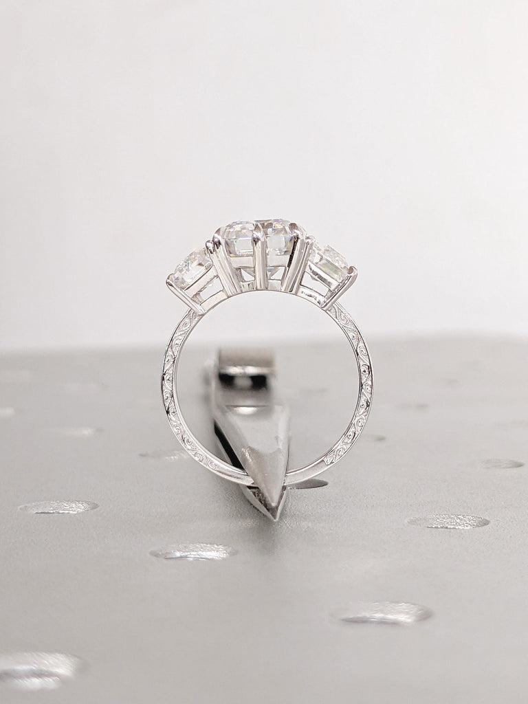 Emerald Cut Moissanite Ring, 14k White Gold Statement Rings for Women, Trapezoid Cut Diamond, Three Stone Engagement Ring, Bridal Jewelry