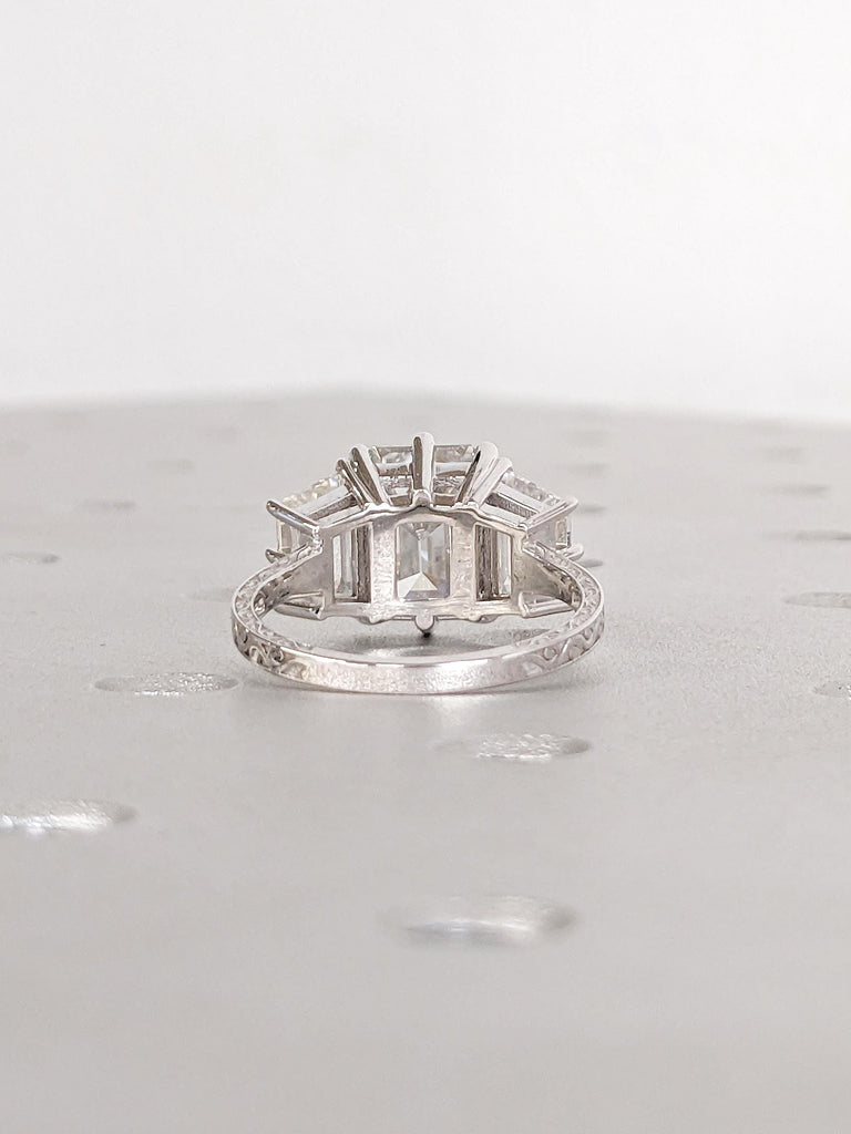 Emerald Cut Moissanite Ring, 14k White Gold Statement Rings for Women, Trapezoid Cut Diamond, Three Stone Engagement Ring, Bridal Jewelry