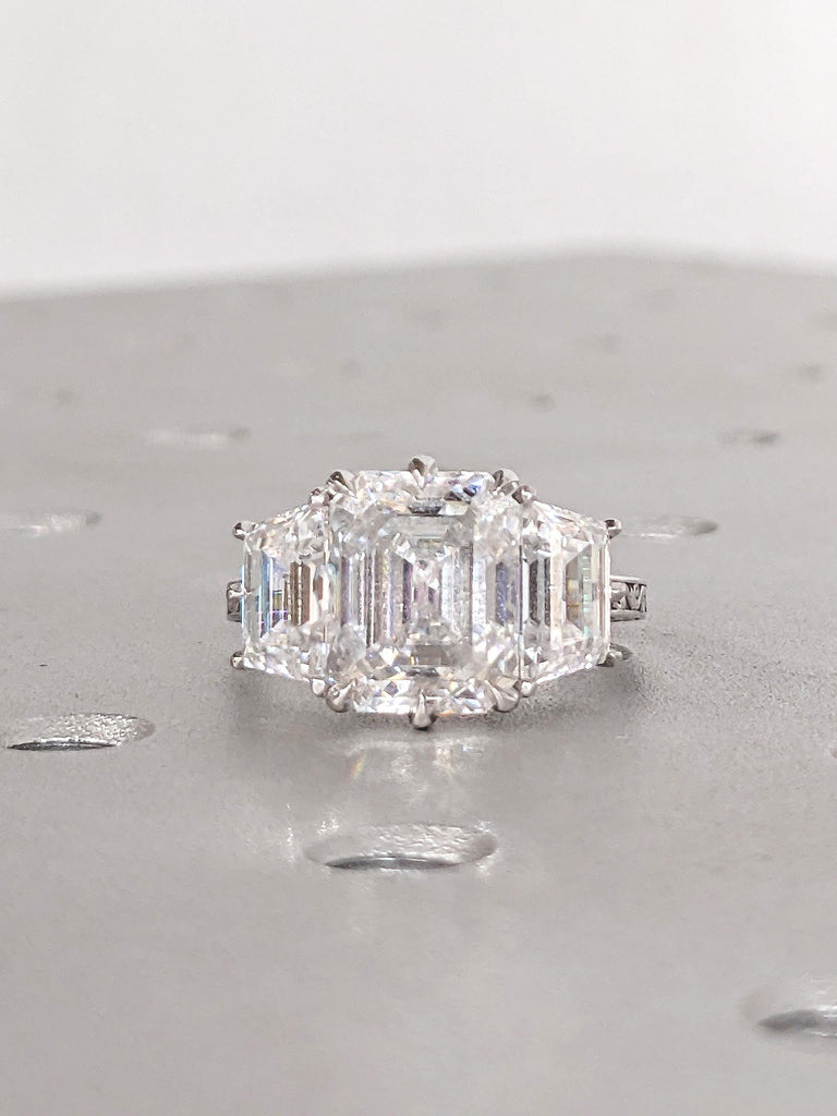 Emerald Cut Moissanite Ring, 14k White Gold Statement Rings for Women, Trapezoid Cut Diamond, Three Stone Engagement Ring, Bridal Jewelry