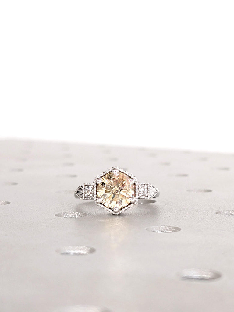 0.5-4ct Round Cut Moissanite Engagement Rings, 14K/18K Gold Vintage Yellow Moissanite Ring, White Gold Milgrain Wedding Band, Bridal Jewelry