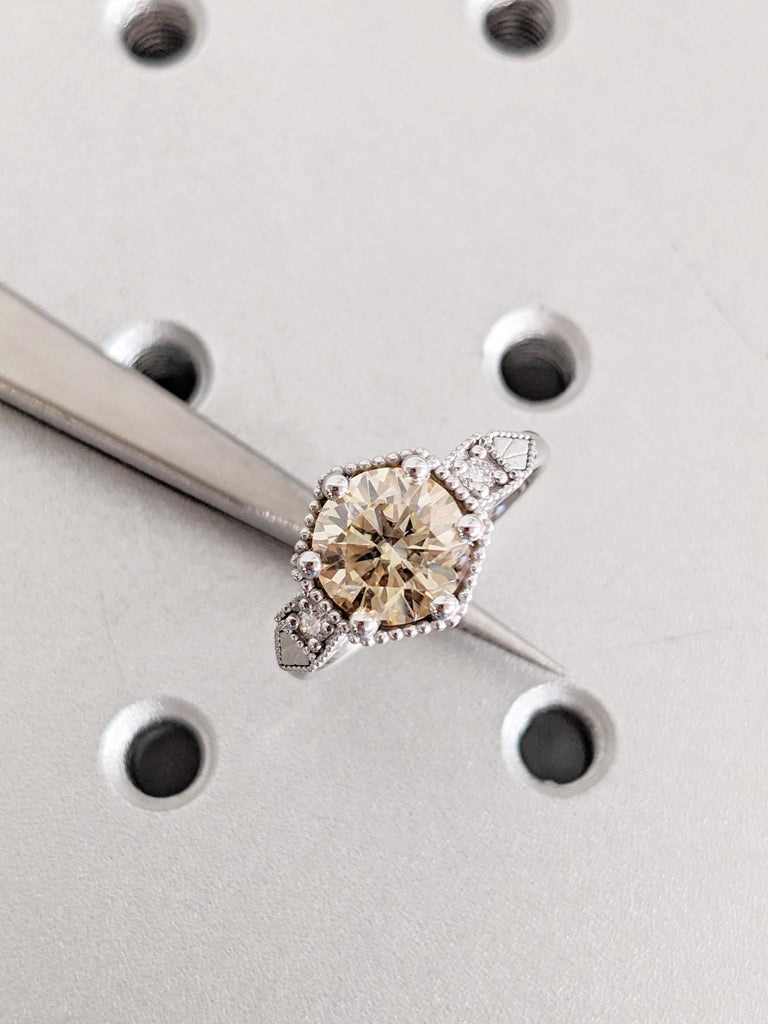 0.5-4ct Round Cut Moissanite Engagement Rings, 14K/18K Gold Vintage Yellow Moissanite Ring, White Gold Milgrain Wedding Band, Bridal Jewelry