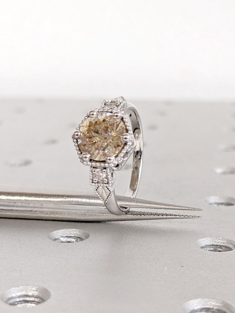 0.5-4ct Round Cut Moissanite Engagement Rings, 14K/18K Gold Vintage Yellow Moissanite Ring, White Gold Milgrain Wedding Band, Bridal Jewelry