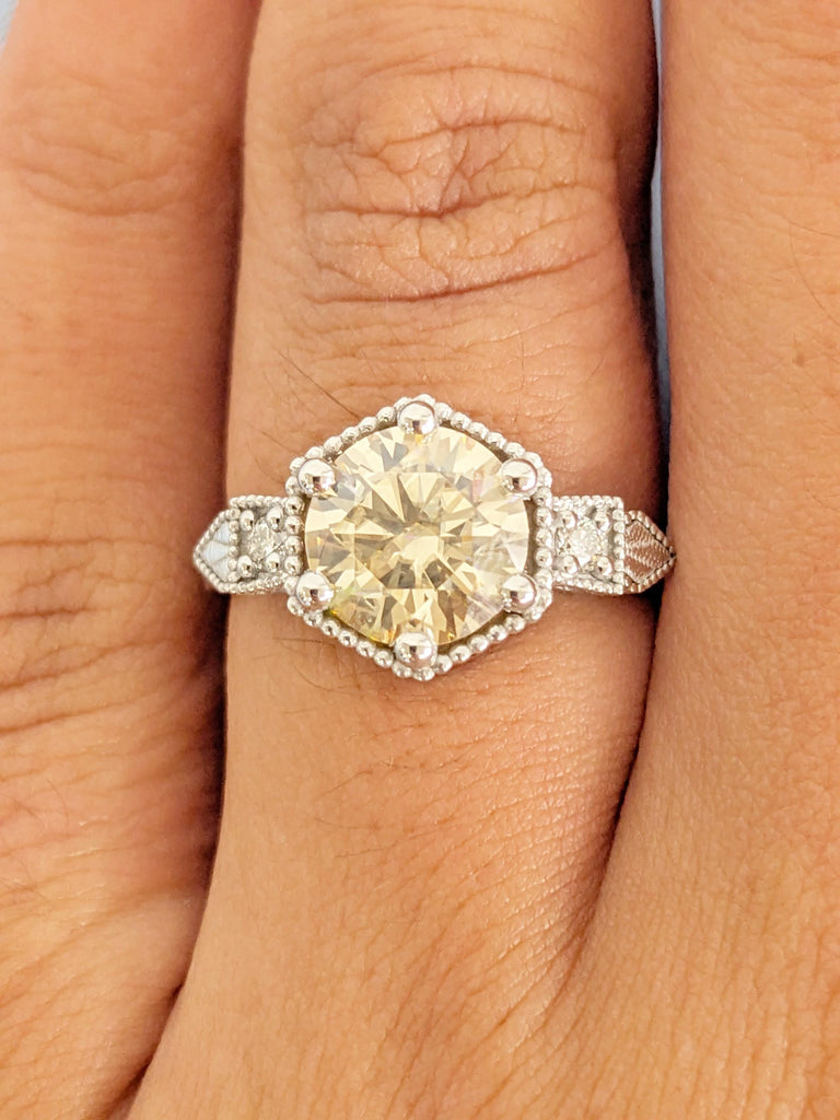 0.5-4ct Round Cut Moissanite Engagement Rings, 14K/18K Gold Vintage Yellow Moissanite Ring, White Gold Milgrain Wedding Band, Bridal Jewelry