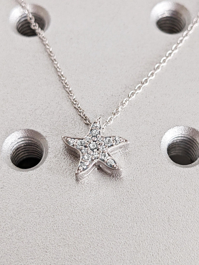 Star Celestial Diamond Pendant, 18K Solid White Gold Round Diamond Necklace, Christmas Gift For Her, Custom Jewelry
