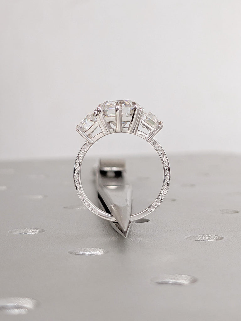 Lab Grown Diamond Engagement Ring, Trapezoid, Emerald Cut Three Stone Ring, Art Deco 14k White Gold Wedding Rings, Personalized Jewelry image #5