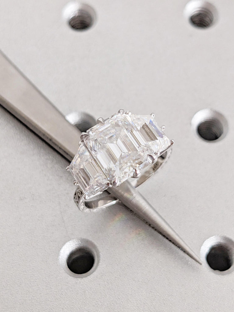 Lab Grown Diamond Engagement Ring, Trapezoid, Emerald Cut Three Stone Ring, Art Deco 14k White Gold Wedding Rings, Personalized Jewelry image #10