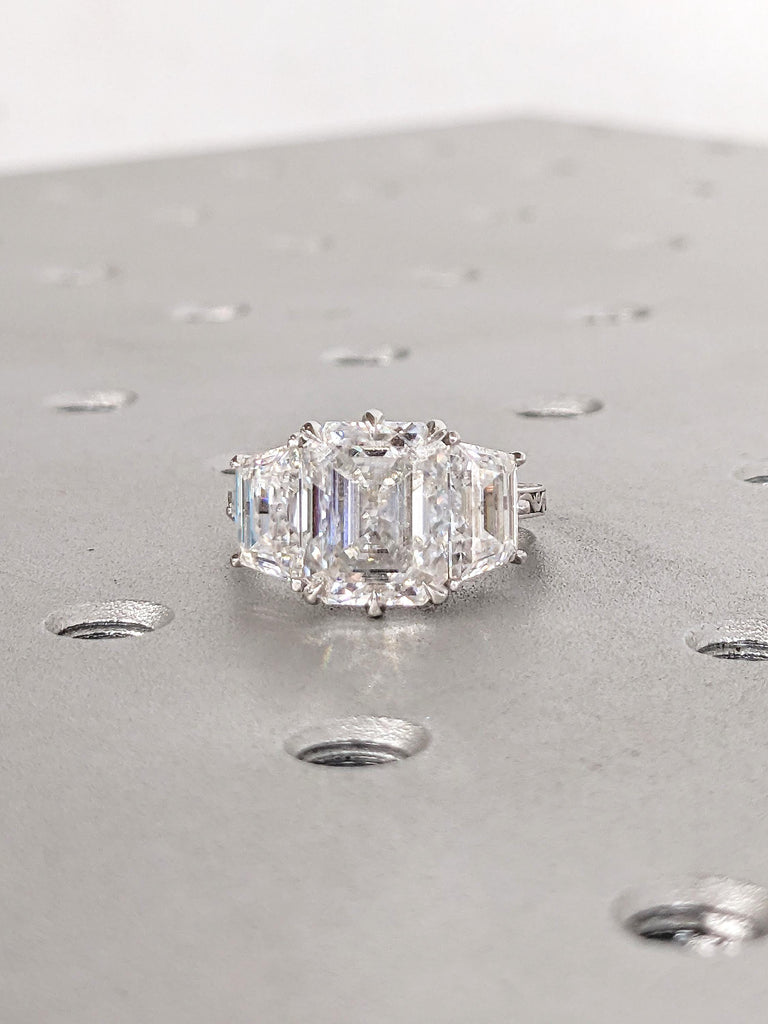 Lab Grown Diamond Engagement Ring, Trapezoid, Emerald Cut Three Stone Ring, Art Deco 14k White Gold Wedding Rings, Personalized Jewelry image #6