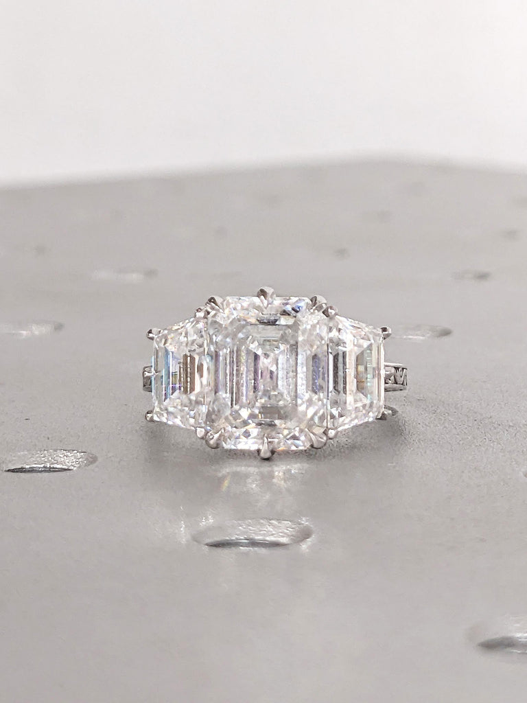 Lab Grown Diamond Engagement Ring, Trapezoid, Emerald Cut Three Stone Ring, Art Deco 14k White Gold Wedding Rings, Personalized Jewelry image #9