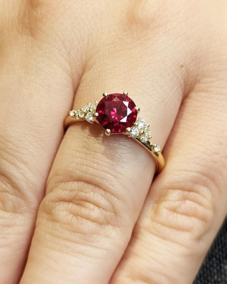 Lab Created Red Ruby 18K Yellow Gold Engagement Ring | Unique Snowdrift 6 Prong Diamond Cluster Promise Ring | Round Ruby Wedding Ring Women