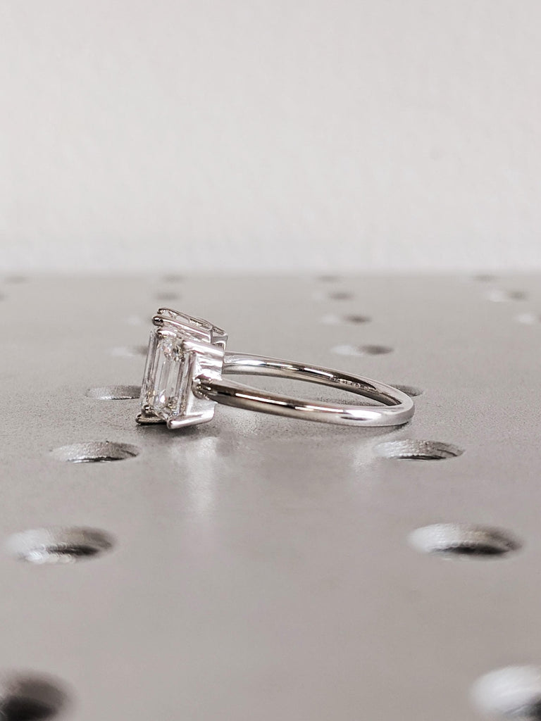 Emerald Trilogy Lab Diamond Ring, 14K White Gold Three Stone Wedding Band, Geometric Modern Engagement Ring image #3