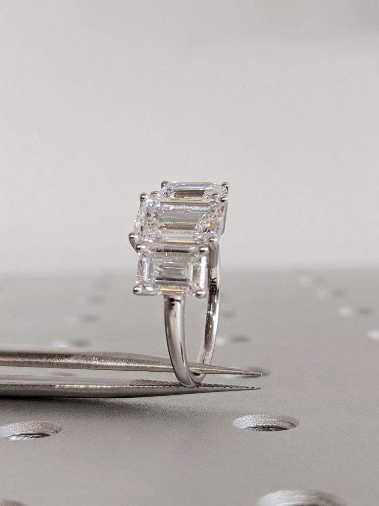 Emerald Trilogy Lab Diamond Ring, 14K White Gold Three Stone Wedding Band, Geometric Modern Engagement Ring image #8