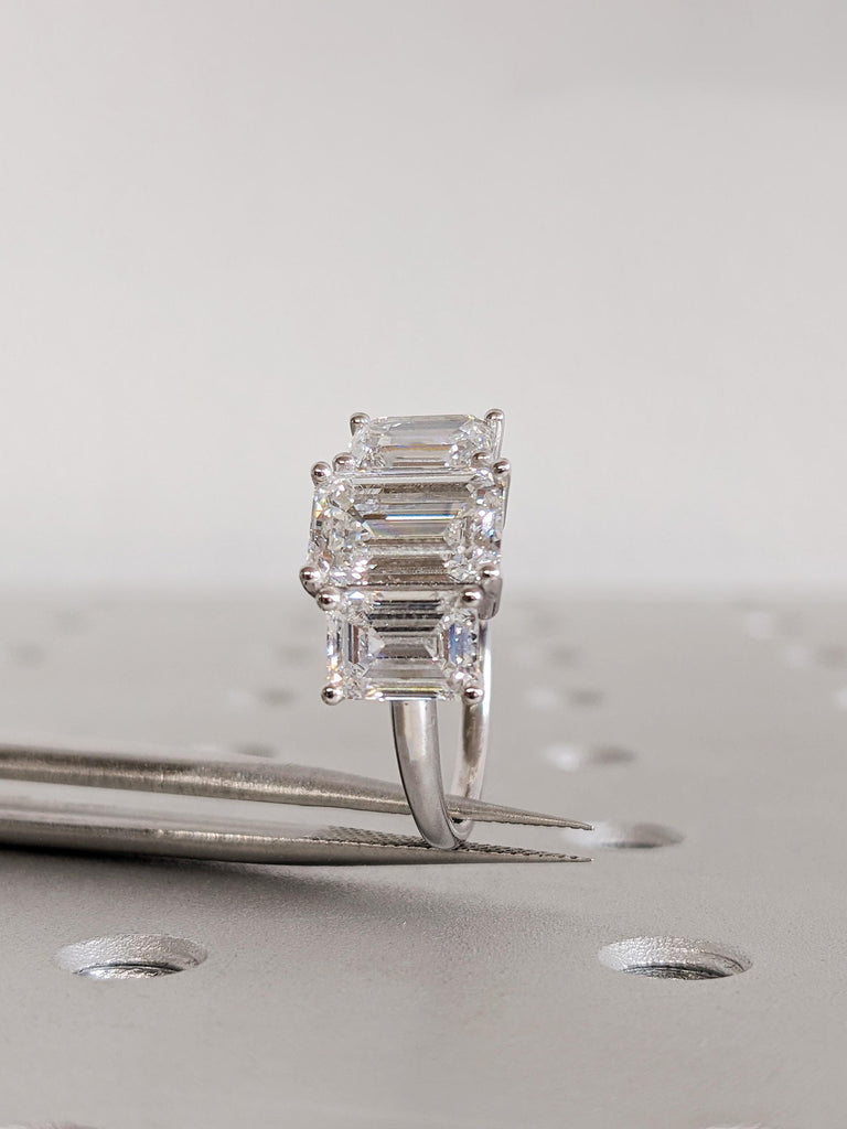 Emerald Trilogy Lab Diamond Ring, 14K White Gold Three Stone Wedding Band, Geometric Modern Engagement Ring