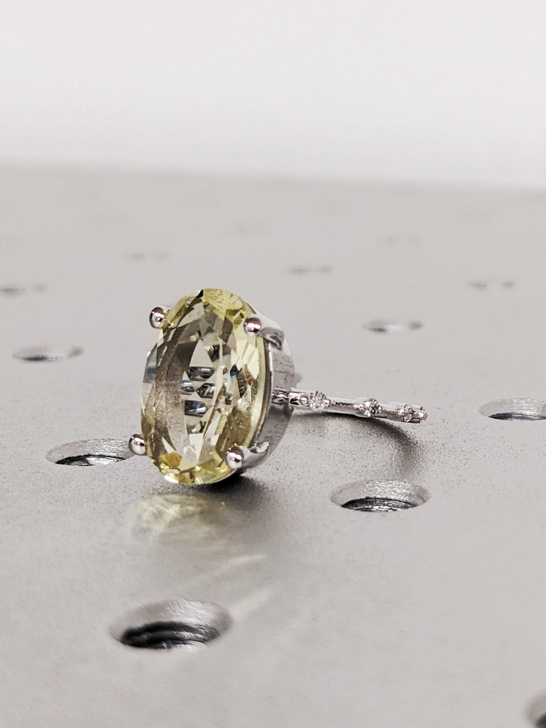 5ct Oval Lemon Quartz Engagement Ring, 14K Gold light Yellow Statement Ring, Diamond Half Eternity Band