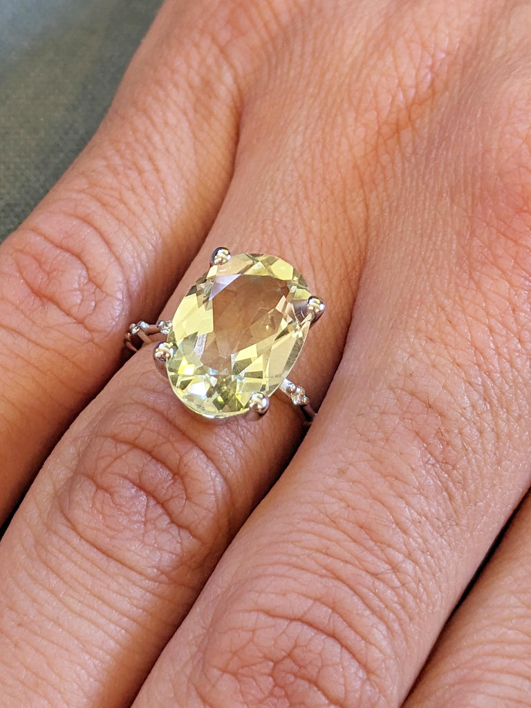 5ct Oval Lemon Quartz Engagement Ring, 14K Gold light Yellow Statement Ring, Diamond Half Eternity Band