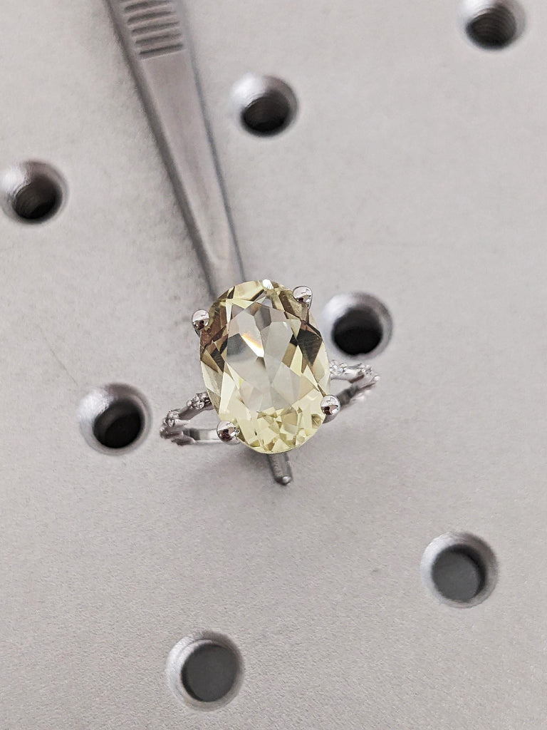 5ct Oval Lemon Quartz Engagement Ring, 14K Gold light Yellow Statement Ring, Diamond Half Eternity Band