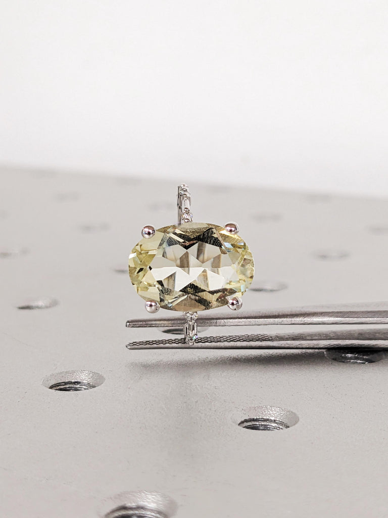 5ct Oval Lemon Quartz Engagement Ring, 14K Gold light Yellow Statement Ring, Diamond Half Eternity Band