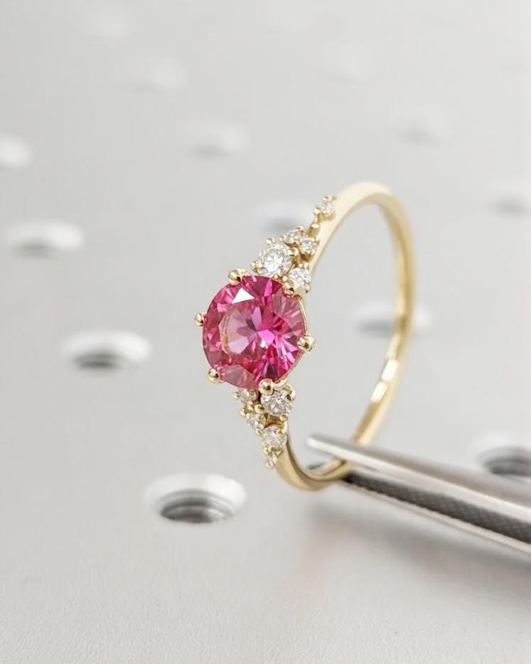 1ct Round Pink Tourmaline 18K Yellow Gold Engagement Ring, Unique Snowdrift 6 Prong Diamond Cluster Promise Ring, Pink Wedding Ring for Her