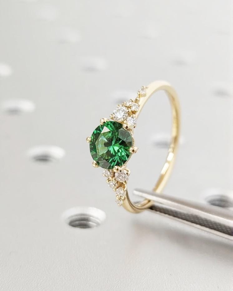 1ct Round Green Sapphire 18K Yellow Gold Engagement Ring, Unique Snowdrift 6 Prong Diamond Cluster Promise Ring, Sapphire Wedding Ring Women
