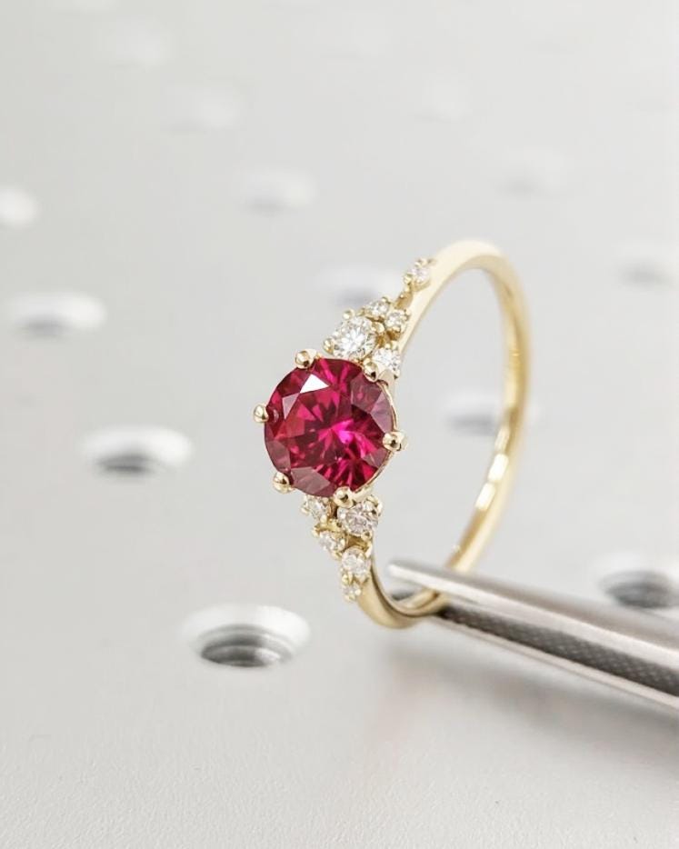 Lab Created Red Ruby 18K Yellow Gold Engagement Ring | Unique Snowdrift 6 Prong Diamond Cluster Promise Ring | Round Ruby Wedding Ring Women