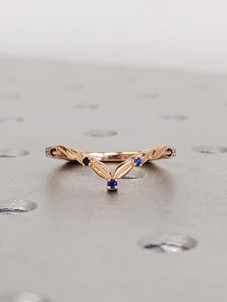Blue Sapphire Matching Band, 14K Solid Rose Gold Flat Bottom Rings, V Shaped Diamond Stacking Engagement Ring, Thin European Shank