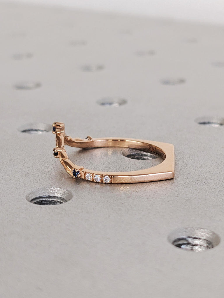 Blue Sapphire Matching Band, 14K Solid Rose Gold Flat Bottom Rings, V Shaped Diamond Stacking Engagement Ring, Thin European Shank