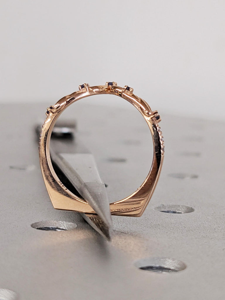 Blue Sapphire Matching Band, 14K Solid Rose Gold Flat Bottom Rings, V Shaped Diamond Stacking Engagement Ring, Thin European Shank