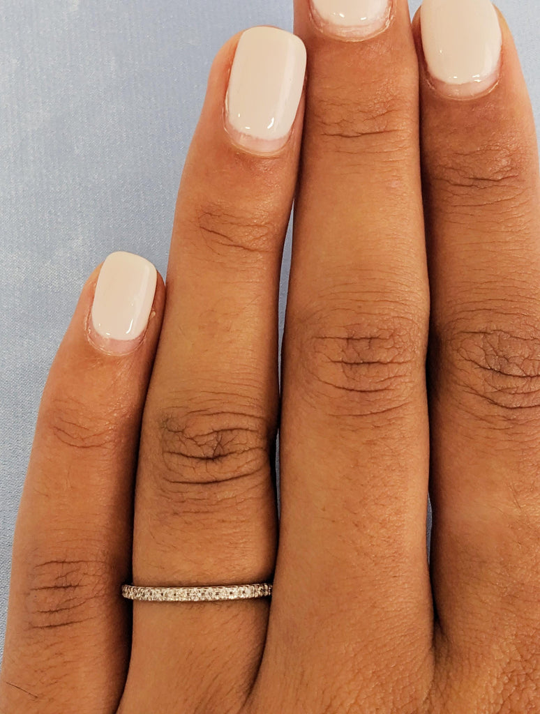 18K White Gold French Pave Diamond Wedding Band, Dainty Diamond Matching Engagement Ring, Stackable Jewelry