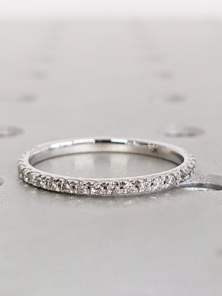 18K White Gold French Pave Diamond Wedding Band, Dainty Diamond Matching Engagement Ring, Stackable Jewelry