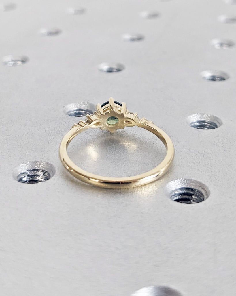 Art Deco Montana Teal Sapphire Ring, Round Cut Green Sapphire, 14K Solid Gold Engagement Ring, Diamond Cluster Wedding Ring image #8