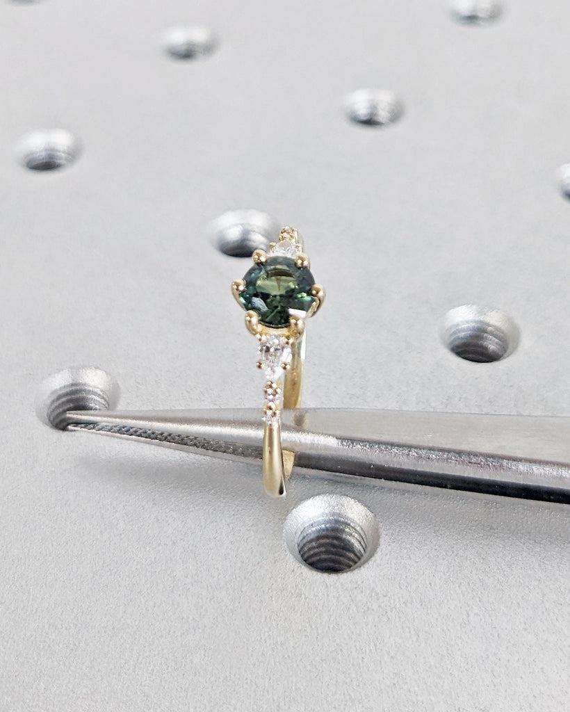 Art Deco Montana Teal Sapphire Ring, Round Cut Green Sapphire, 14K Solid Gold Engagement Ring, Diamond Cluster Wedding Ring image #6
